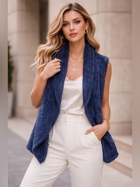 Steve Madden Navy Faux Fur Vest with Gold Chain Accent